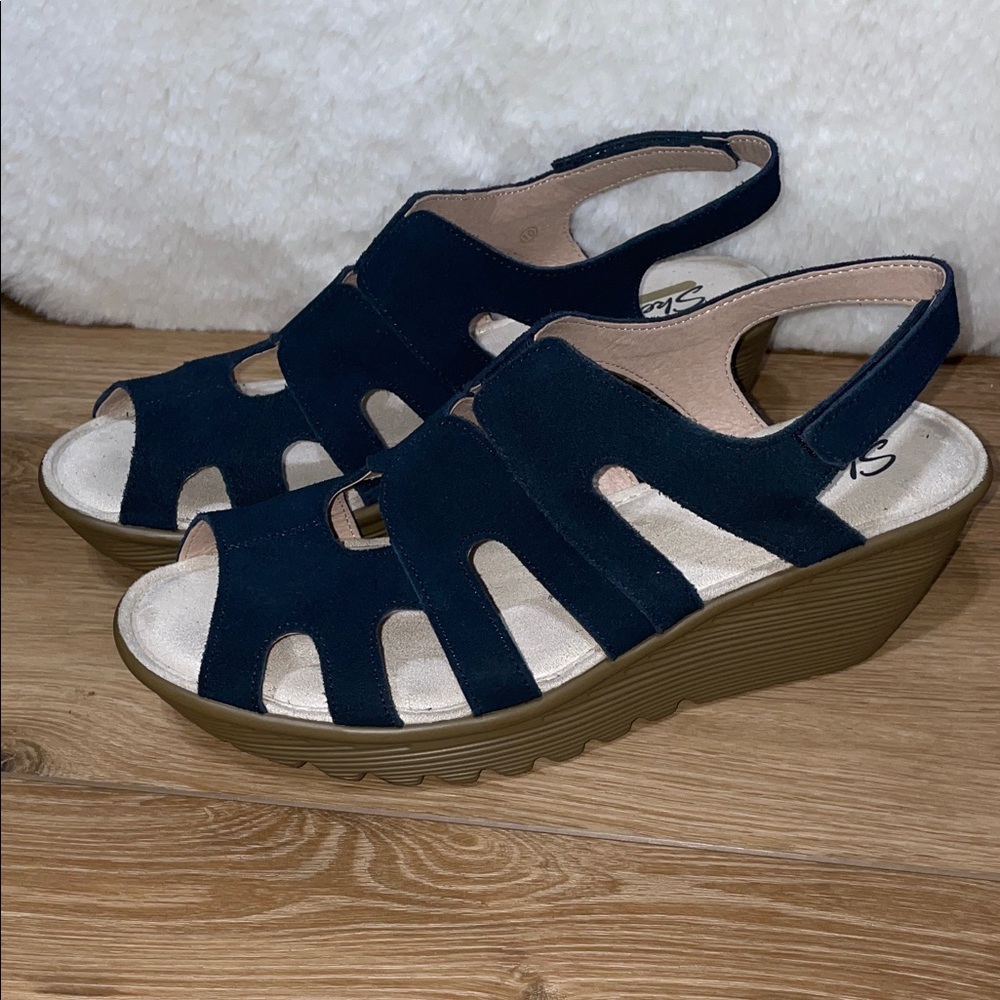 Skechers Parallel Stylin Wedge Shoe Navy Sandals with Memory Foam